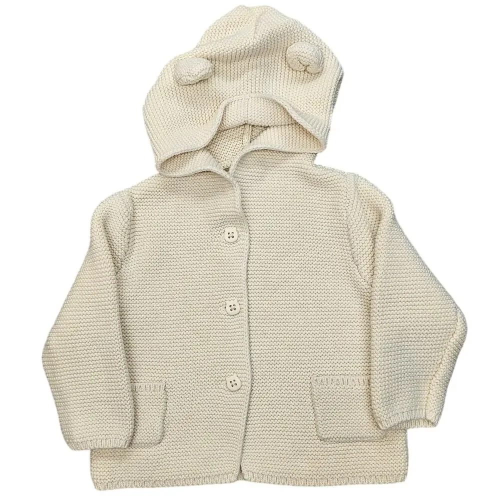 BABY GAP BEAR EARS HOODED GARTER‑KNIT CARDIGAN SWEATER – 6–12 MONTHS – CREAM